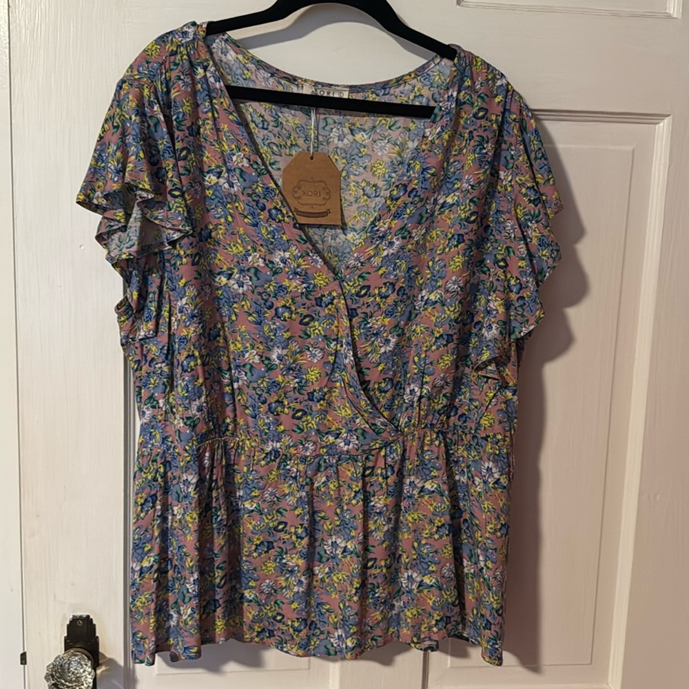 Kori Lavender Floral Faux-Wrap Flutter Sleeve Blouse